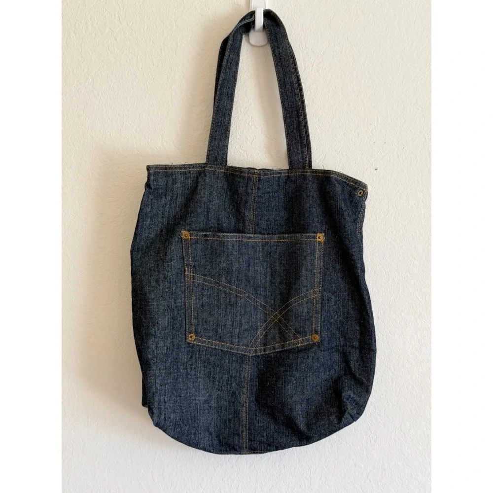 Dark Wash Denim Tote Bag with Exterior Pocket and Contrast Stitching